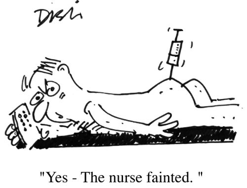 Man with needle in bum on his mobile "Yes, the nurse fainted"
