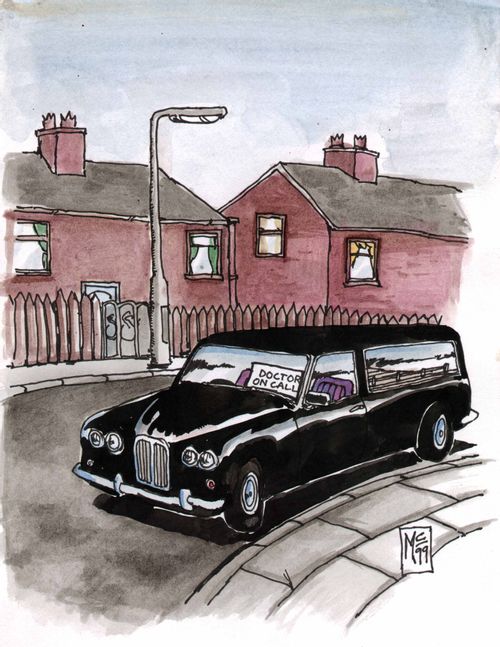 Hearse with a 'doctor on call' sign in the window