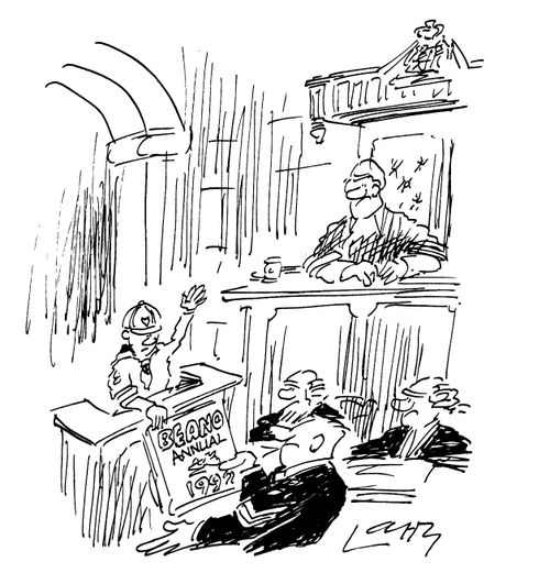 Boy in court swearing oath on comic book