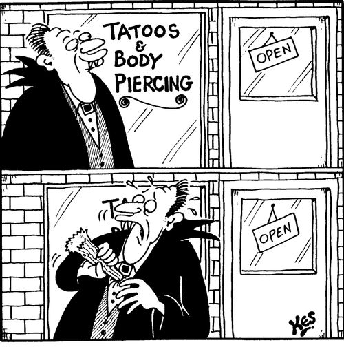 Vampire coming out of a body piercing shop with a stake in his heart