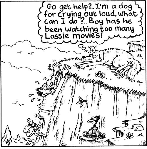"Go get help?...I'm a dog for crying out loud, what can I do?..Boy has he been watching too many lassie movies!"