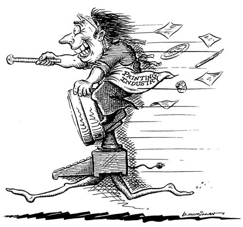 Man from 'Printing Industry' riding on the speeding computer