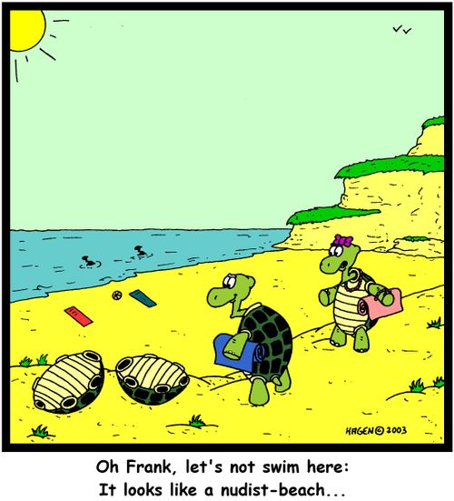 'Oh Frank, let's not swim here: It looks like a nudist-beach...'