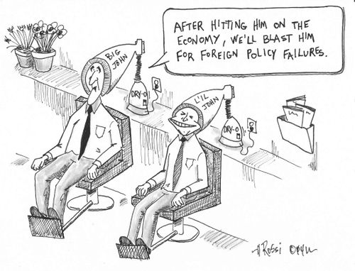 Kerry and Edwards discuss policy in a salon.