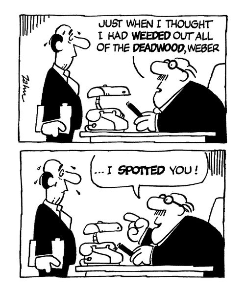 'Just when I thought I had weeded out all of the deadwoodl, Weber...I spotted you!'