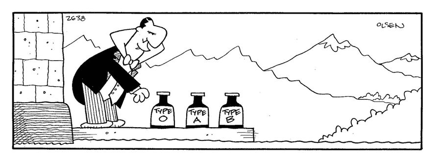 Vampire picking up his blood delivery (Type O, Type A, and Type B).