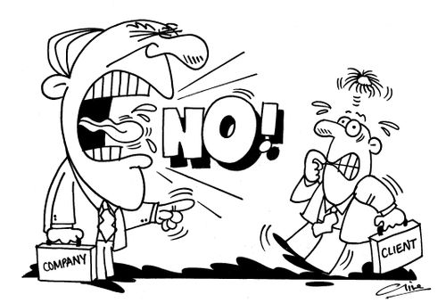Company screaming 'NO!' at client.
