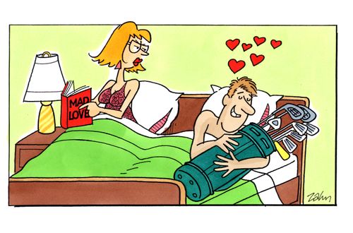 Woman reading book entitled 'Mad Love' while man is fast asleep, hugging his golf clubs.