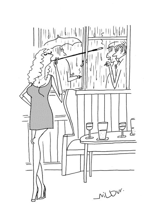 'Woman smoking out of window.'