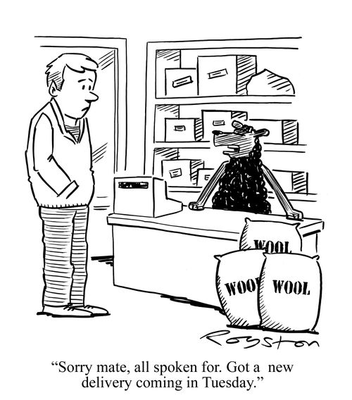 Black sheep shopkeeper has three bags of wool. He tells customer: 'Sorry mate, all spoken for. Got a new delivery coming in Tuesday.'