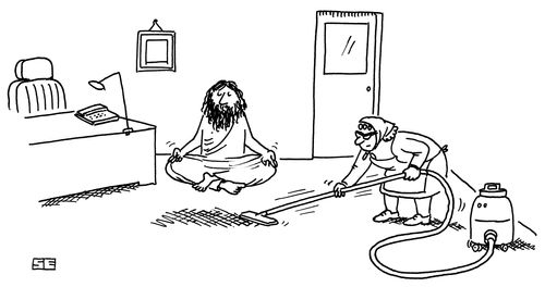 Cleaner hoovering under levitating guru.