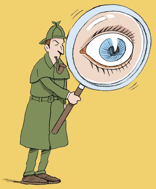 Sherlock Holmes peering through giant magnifying glass.