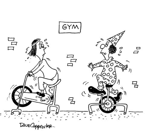 Clown rides unicycle.