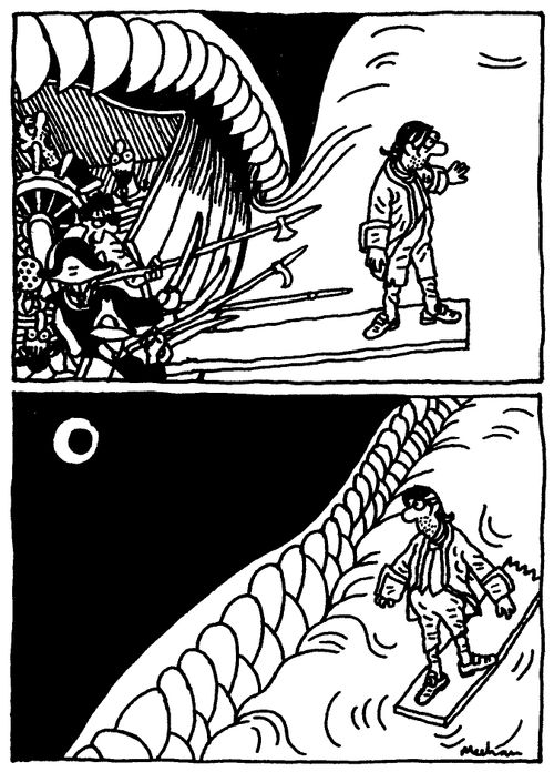 Pirates force captive to walk plank as their ship is devoured by whale.