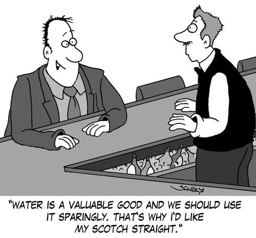 'Water is a valuable good and we should use it sparingly. That's why I'd like my Scotch straight.'