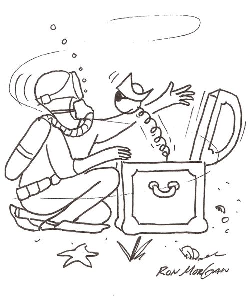 Scuba diver opens treasure trunk underwater and jack in the box pops out.