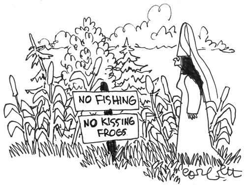 Princess reads sign: 'NO fishing' NO kissing frogs'.