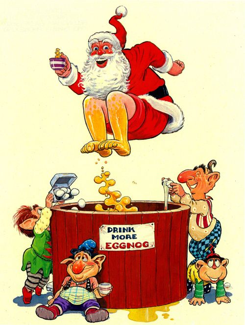 Santa and elves drinking eggnog.