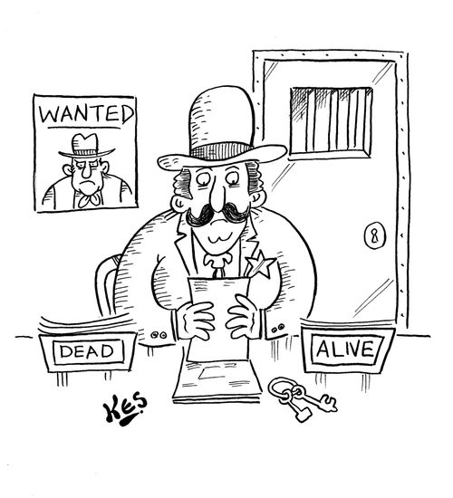 Sheriff sits near workboxes which read: Dead, and Alive.