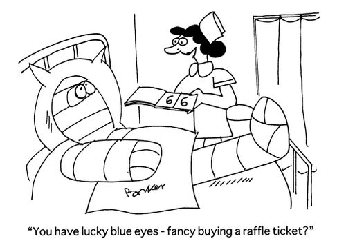 'You have lucky blue eyes-fancy buying a raffle ticket?'