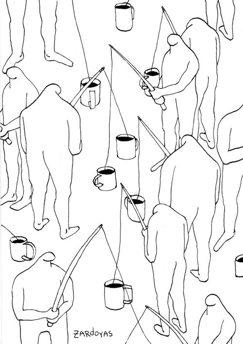 Men Fishing Into Coffee Mugs.