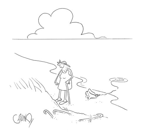 Elderly beachcomber sees conch shell, unaware there is a hook attached.