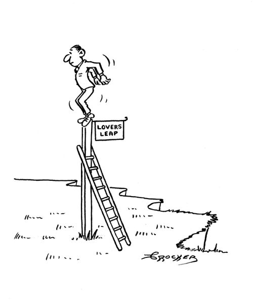 Man jumping off 'lovers leap' sign.