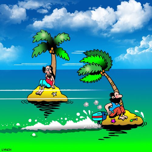 Castaway attaches a motor to a desert island.