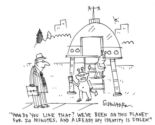 'How do you like that? We've been on this planet for 20 minutes, and already my identity is stolen!'