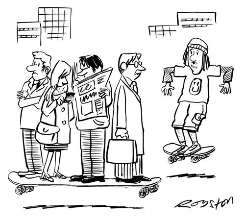 Hip skater sees commuters on skateboard.