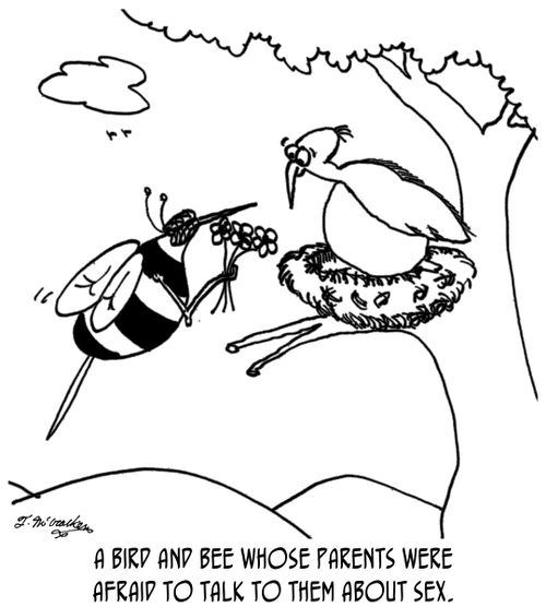 A bird and bee whose parents were afraid to talk to them about sex.