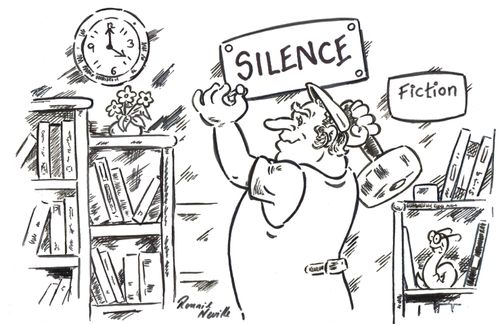 A man nosily hammering in a silence sign.
