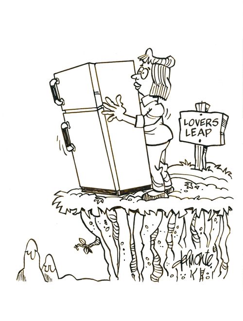 Woman hugs a refrigerator before jumping off lovers leap.
