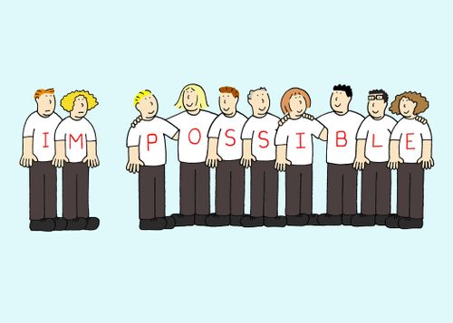 Row of people wearing t-shirts that spell out 'Impossible'.