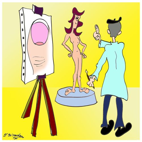 A painter paints his thumb, not the nude model in front of him.