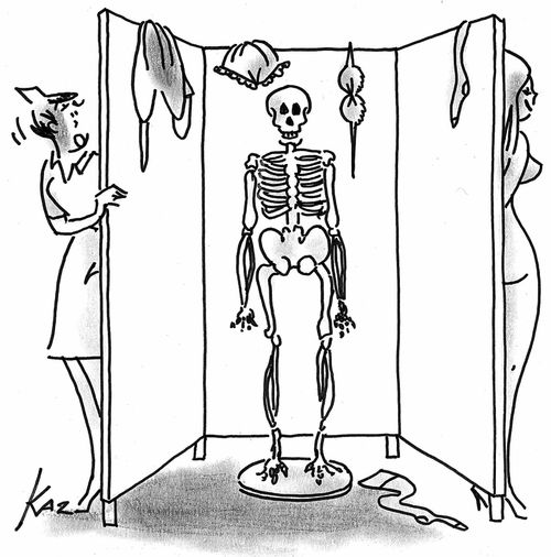 Playing a trick on a nurse, leaving a skeleton behind a changing screen.