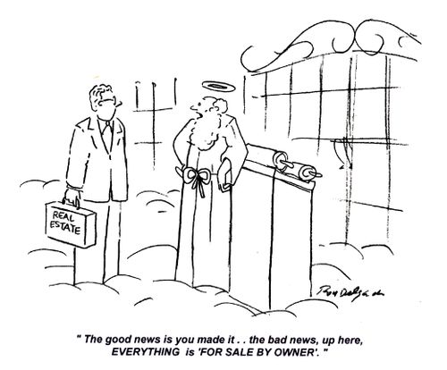 'The good news is you made it... the bad news, up here, everything is 'for sale by owner'.'