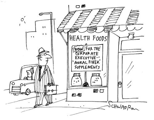 Health food shop: 'New for the corporate executive - 'moral fibre' supplements.'