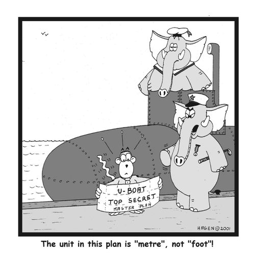 Elephant's submarine too small - 'The unit on this plan is metre not foot!'