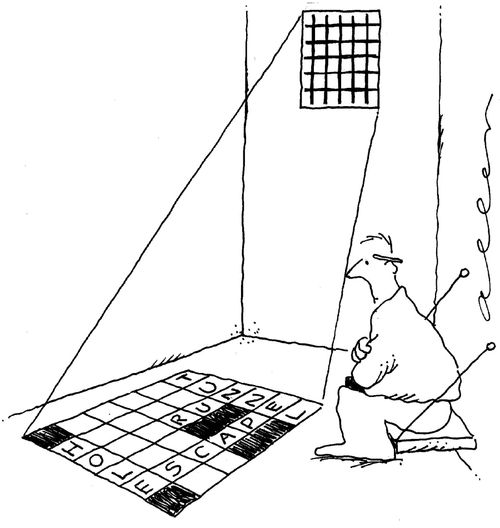 Prisoner using shadow to do crossword.