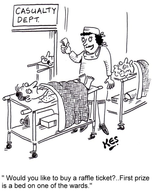 "Would you like to buy a raffle ticket?...First prize is a bed on one of the wards."