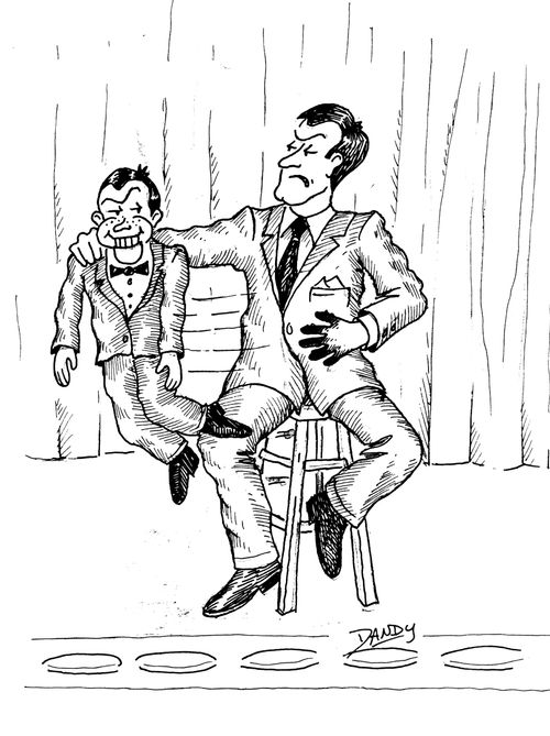 Ventriloquist with faeces on his hands.