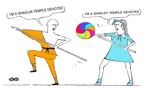 A fight between a Shaolin Temple devotee and a Shirley Temple devotee.