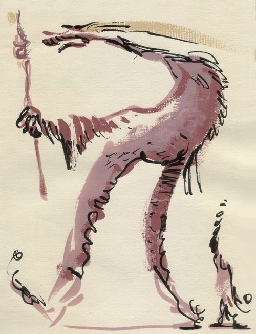 Two stylised figures marching.