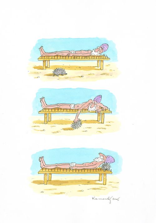 Man lying on a bed of nails uses hedgehog as a pillow.