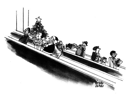 Santa Claus on escalator.