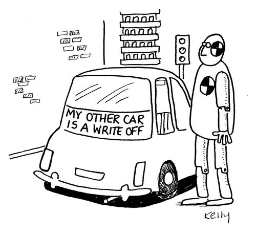 Crash test dummy standing by his car.A sign on it says 'My other car is a write off'.