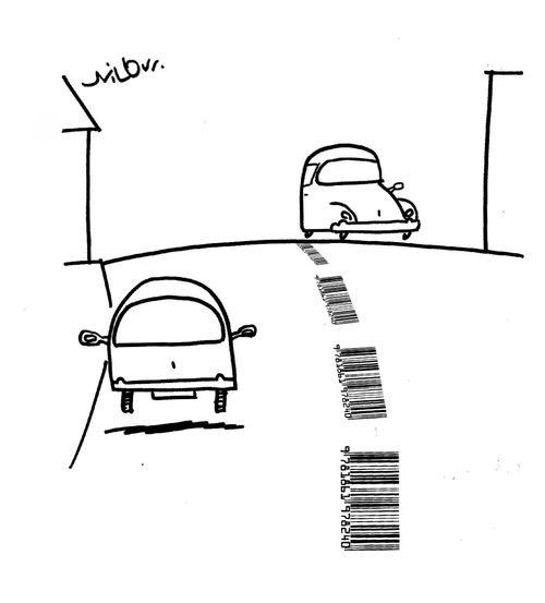 Cars driving down barcode road.