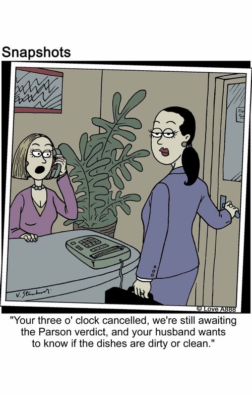 'You're three o'clock cancelled, we're still awaiting the Parson verdict, and your husband wants to know if the dishes are dirty or clean.'
