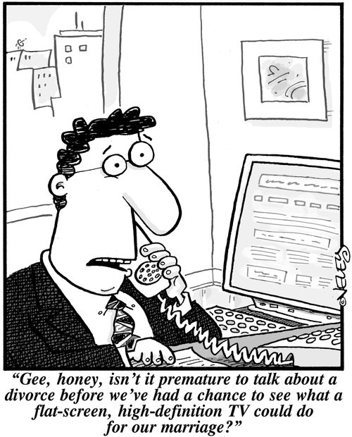 'Gee, honey, isn't it premature to talk about a divorce before we've had a chance to see what a flat-screen, high-definition TV could do for our marriage?'